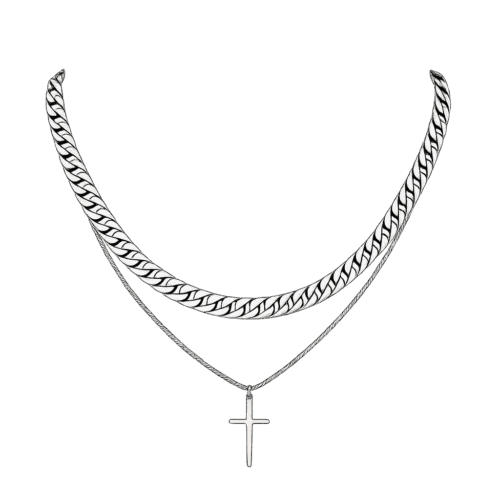 Stainless Steel Cross Cuban Chain Necklace Set